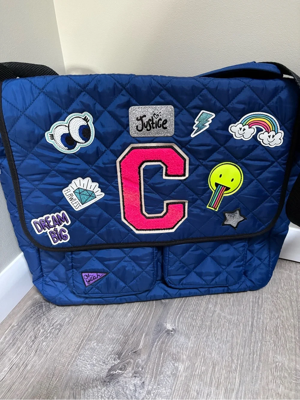Justice Blue Quilted Patch New Messenger Bag with C Initial